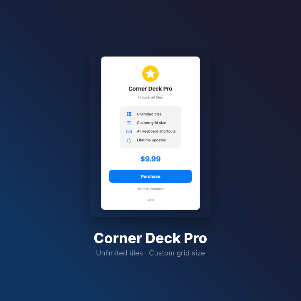 Corner Deck Pro upgrade screen